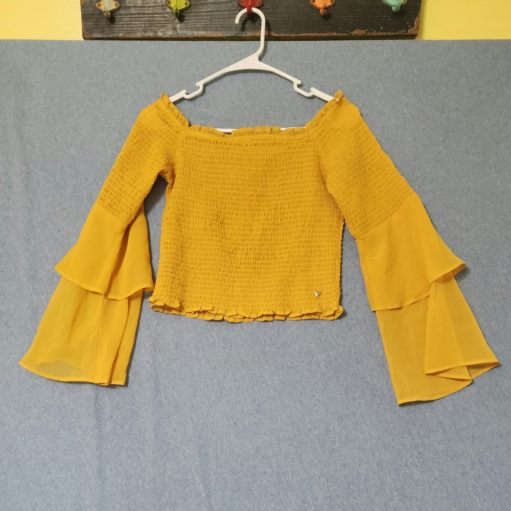 Vintage Guess yellow off the shoulder flare sleeved blouse. Size medium